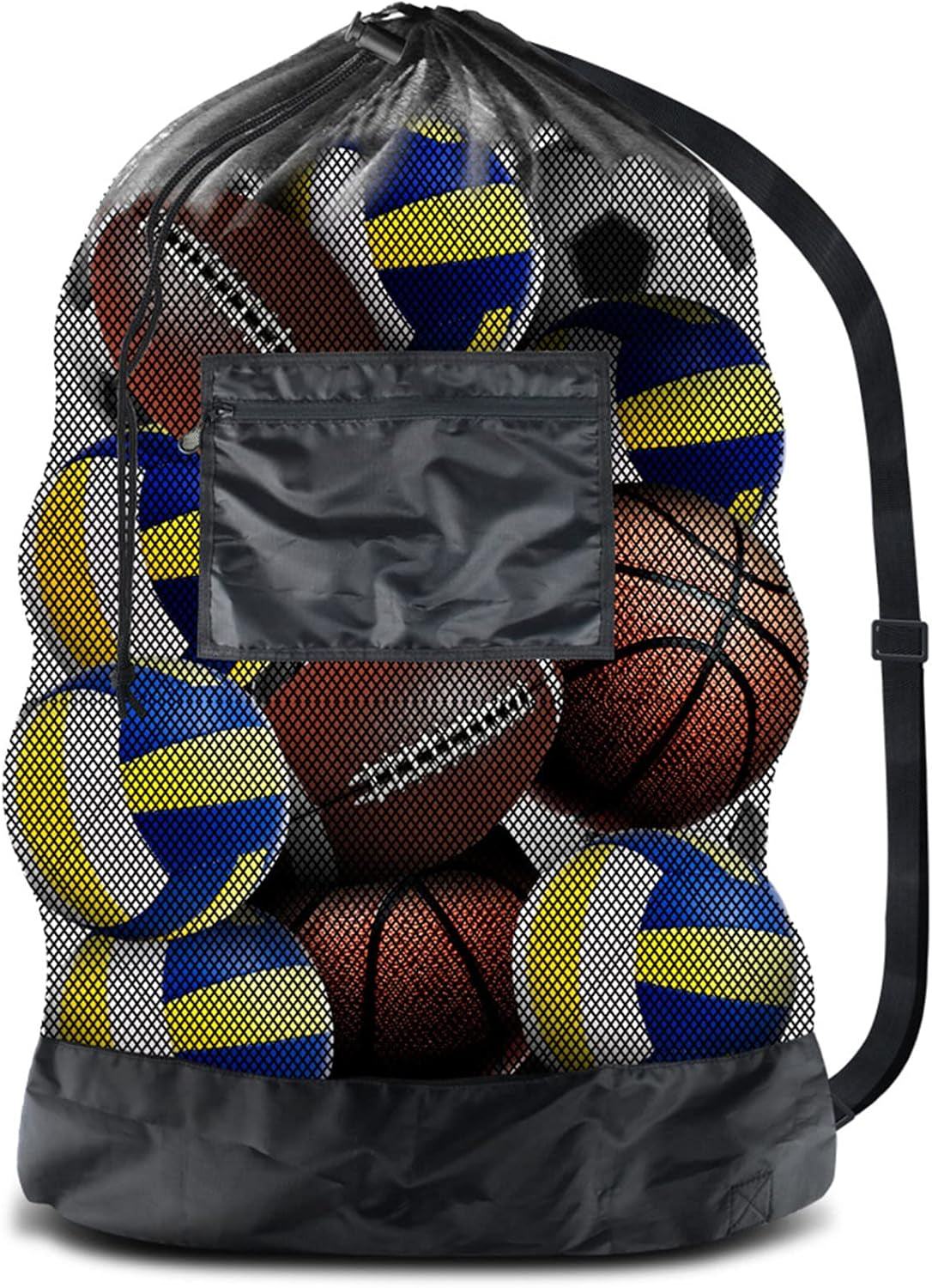 Extra Large Sports Ball Bag Mesh Socce Ball Bag Heavy Duty Drawstring Bags Team Work for Holding Basketball, Volleyball, Baseball, Swimming Gear with Shoulder Strap